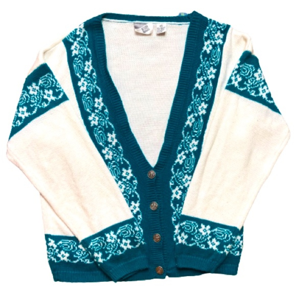 Vintage Jason Maxwell 80s/90s Oversized Cream & Turquoise Cardigan Sweater